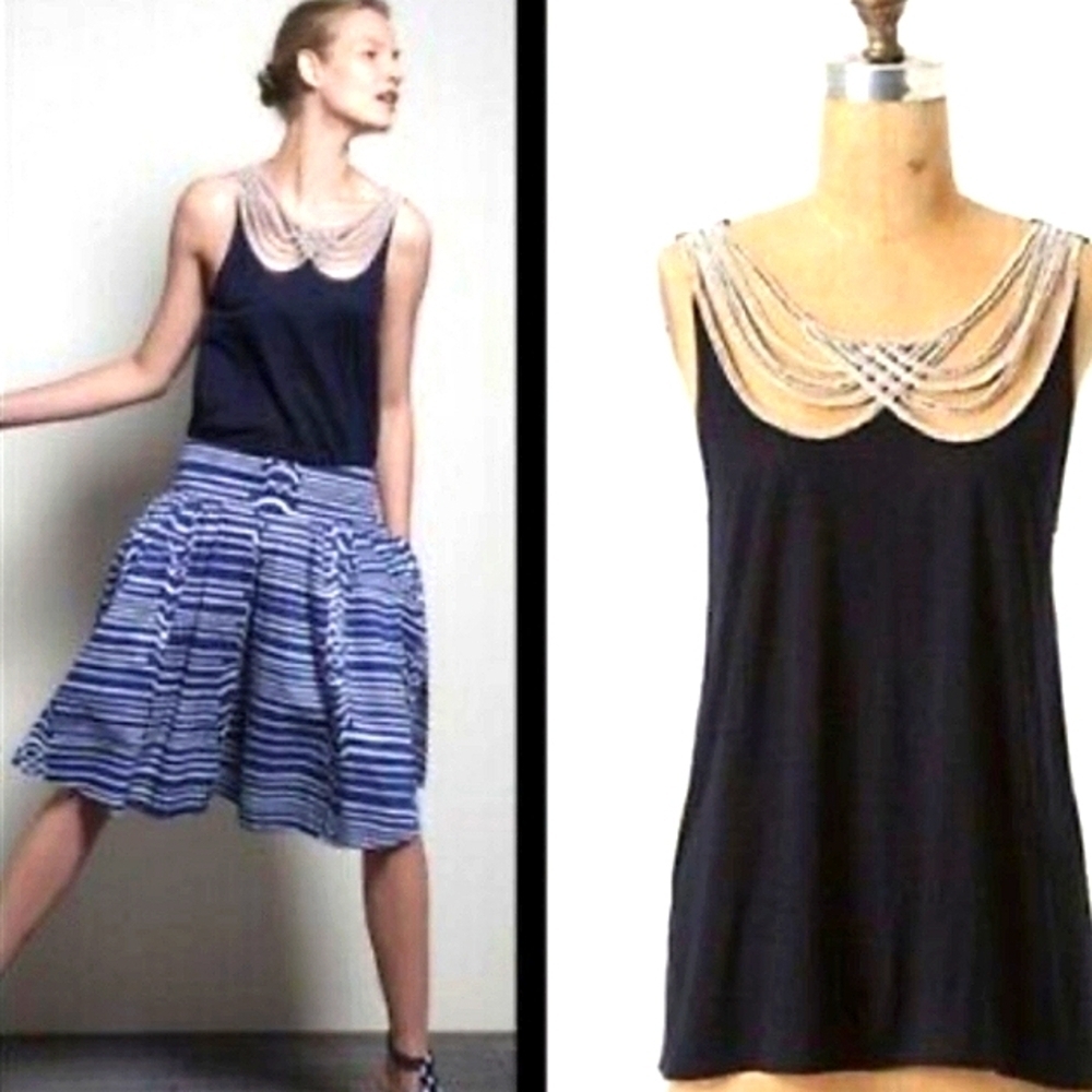 Leifnotes (Anthropologie) Faux Beaded, White Pearl Neckline, Green Tank Top